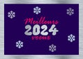 Silver and purple greeting card Happy New Year 2024 written in french in pink with snowflakes