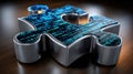 A silver puzzle piece with glowing binary code represents data and technology, perfect for various concepts Royalty Free Stock Photo