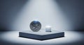 A silver quarter coin and a small white cube placed on a grey square platform under dramatic spotlight from a low angle creating Royalty Free Stock Photo