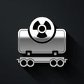 Silver Radioactive cargo train wagon icon isolated on black background. Freight car. Railroad transportation. Long