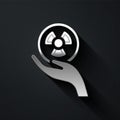 Silver Radioactive in hand icon isolated on black background. Radioactive toxic symbol. Radiation Hazard sign. Long