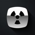 Silver Radioactive icon isolated on black background. Radioactive toxic symbol. Radiation hazard sign. Long shadow style