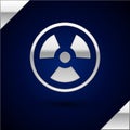 Silver Radioactive icon isolated on dark blue background. Radioactive toxic symbol. Radiation Hazard sign. Vector