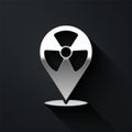 Silver Radioactive in location icon isolated on black background. Radioactive toxic symbol. Radiation Hazard sign. Long