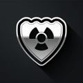 Silver Radioactive in shield icon isolated on black background. Radioactive toxic symbol. Radiation Hazard sign. Long