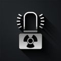Silver Radioactive warning lamp icon isolated on black background. Long shadow style. Vector