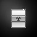 Silver Radioactive waste in barrel icon isolated on black background. Radioactive garbage emissions, environmental