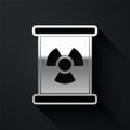 Silver Radioactive waste in barrel icon isolated on black background. Toxic refuse keg. Radioactive garbage emissions