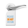 Silver realistic door handle with do not disturb white blank vector sign