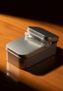 A silver rectangular tin box with a hinged lid, partially open, revealing crumpled white Royalty Free Stock Photo