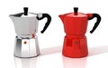 Silver and red Italian coffee makers.