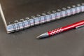 Silver-red pen and notepad against a black background. Ballpoint pen with a pattern of red squares Royalty Free Stock Photo