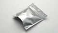 Silver resealable pouch is crumpled and empty. Metallic packaging has ziplock closure and hole for hanging. Shiny reflective Royalty Free Stock Photo