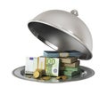 Silver Restaurant cloche with banknotes and coins Royalty Free Stock Photo