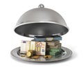 Silver Restaurant cloche with banknotes and coins Royalty Free Stock Photo