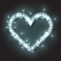 Silver retro neon heart frame, led light shine garland, vector illustration