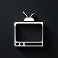 Silver Retro tv icon isolated on black background. Television sign. Long shadow style. Vector Royalty Free Stock Photo