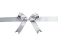 Silver ribbon with bow on white background.