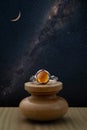 Silver ring with amber stone cabochon with night sky Royalty Free Stock Photo