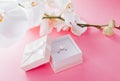 Silver ring with pearl in the gift box Royalty Free Stock Photo