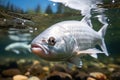 Silver river fish swim in shoals underwater in the river close view