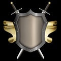 Silver riveted shield with gold scroll and two swords.