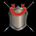 Silver riveted shield with red ribbon and two spears.