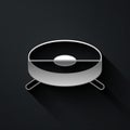 Silver Robot vacuum cleaner icon isolated on black background. Home smart appliance for automatic vacuuming, digital