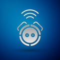 Silver Robot vacuum cleaner icon isolated on blue background. Home smart appliance for automatic vacuuming, digital