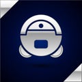 Silver Robot vacuum cleaner icon isolated on dark blue background. Home smart appliance for automatic vacuuming, digital Royalty Free Stock Photo