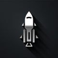 Silver Rocket ship with fire icon isolated on black background. Space travel. Long shadow style. Vector