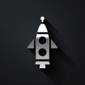 Silver Rocket ship icon isolated on black background. Space travel. Long shadow style. Vector Royalty Free Stock Photo