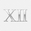 Silver Roman numeral number 12, XII, twelve in alphabet letter isolated on transparent background. Ancient Rome numeric