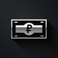 Silver Russian ruble banknote icon isolated on black background. Long shadow style. Vector