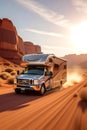 Silver RV Adventuring Through Red Rock Desert At Sunset Royalty Free Stock Photo