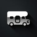 Silver RV motorhome vehicle icon isolated on black background. Camper mobile home, mobile home for summer trip. Long