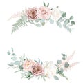 Silver sage and blush pink flowers vector round frame. Creamy beige and dusty rose, ranunculus Royalty Free Stock Photo