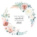 Silver sage and blush pink flowers vector round frame. Creamy beige and dusty rose, ranunculus Royalty Free Stock Photo