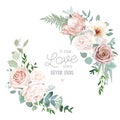 Silver sage and blush pink flowers vector round frame
