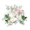 Silver sage green and blush pink flowers vector design bouquet. Dusty rose, white carnation, beige magnolia Royalty Free Stock Photo