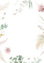 Silver sage green and blush pink flowers vector design frame. Dusty rose, white orchid, pampas grass, eucalyptus Royalty Free Stock Photo