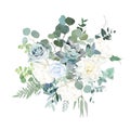 Silver sage green, mint, blue, white flowers vector design spring bouquet. Royalty Free Stock Photo