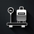 Silver Scale with suitcase icon isolated on black background. Logistic and delivery. Weight of delivery package on a