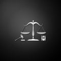 Silver Scales of justice, gavel and book icon isolated on black background. Symbol of law and justice. Concept law Royalty Free Stock Photo