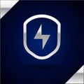 Silver Secure shield with lightning icon isolated on dark blue background. Security, safety, protection, privacy concept