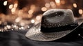 Silver Sequin Fedora Hat on Black Fabric with Blurred Lights