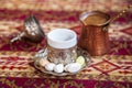 Silver set for Turkish coffee, Turk for coffee. Traditional handmade sets. Teapot and cups for coffee Royalty Free Stock Photo