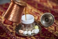 silver set for Turkish coffee  Turk for coffee. Traditional handmade sets. Teapot and cups for coffee Royalty Free Stock Photo