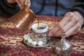 silver set for Turkish coffee  Turk for coffee. Traditional handmade sets. Teapot and cups for coffee Royalty Free Stock Photo