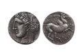 Silver 5 shekel Carthaginian coin with portrait of Tanit the sky goddess and the winged horse Pegasus Royalty Free Stock Photo